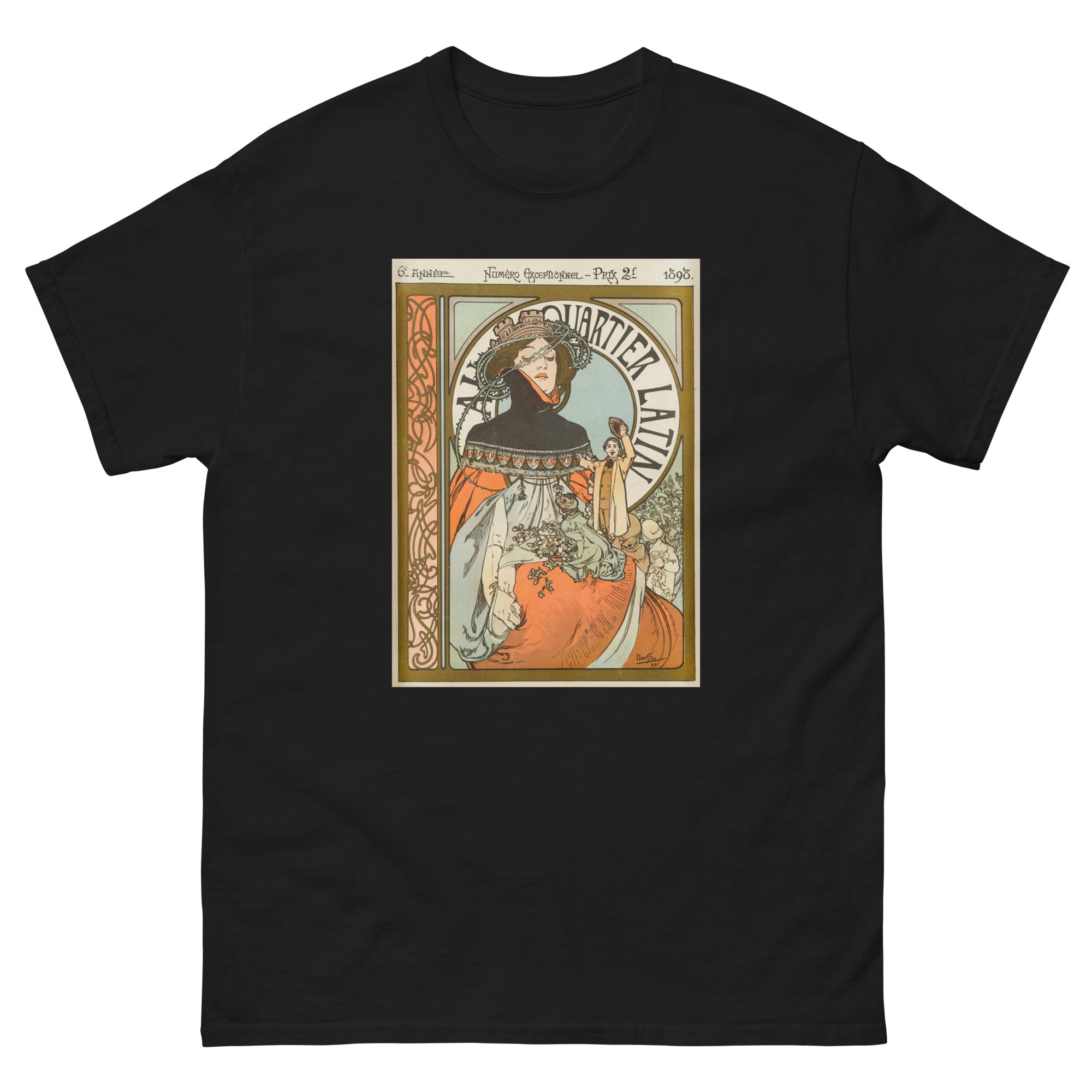 Unisex classic tee featuring Mucha's Art Nouveau illustrated poster for the Quartier Latin journal