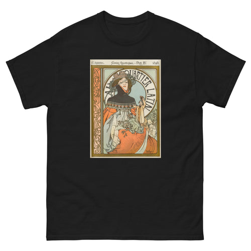 Unisex classic tee featuring Mucha's Art Nouveau illustrated poster for the Quartier Latin journal