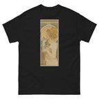 Unisex classic tee featuring Mucha's Art Nouveau La Primavère decorative panel of a woman in flowers