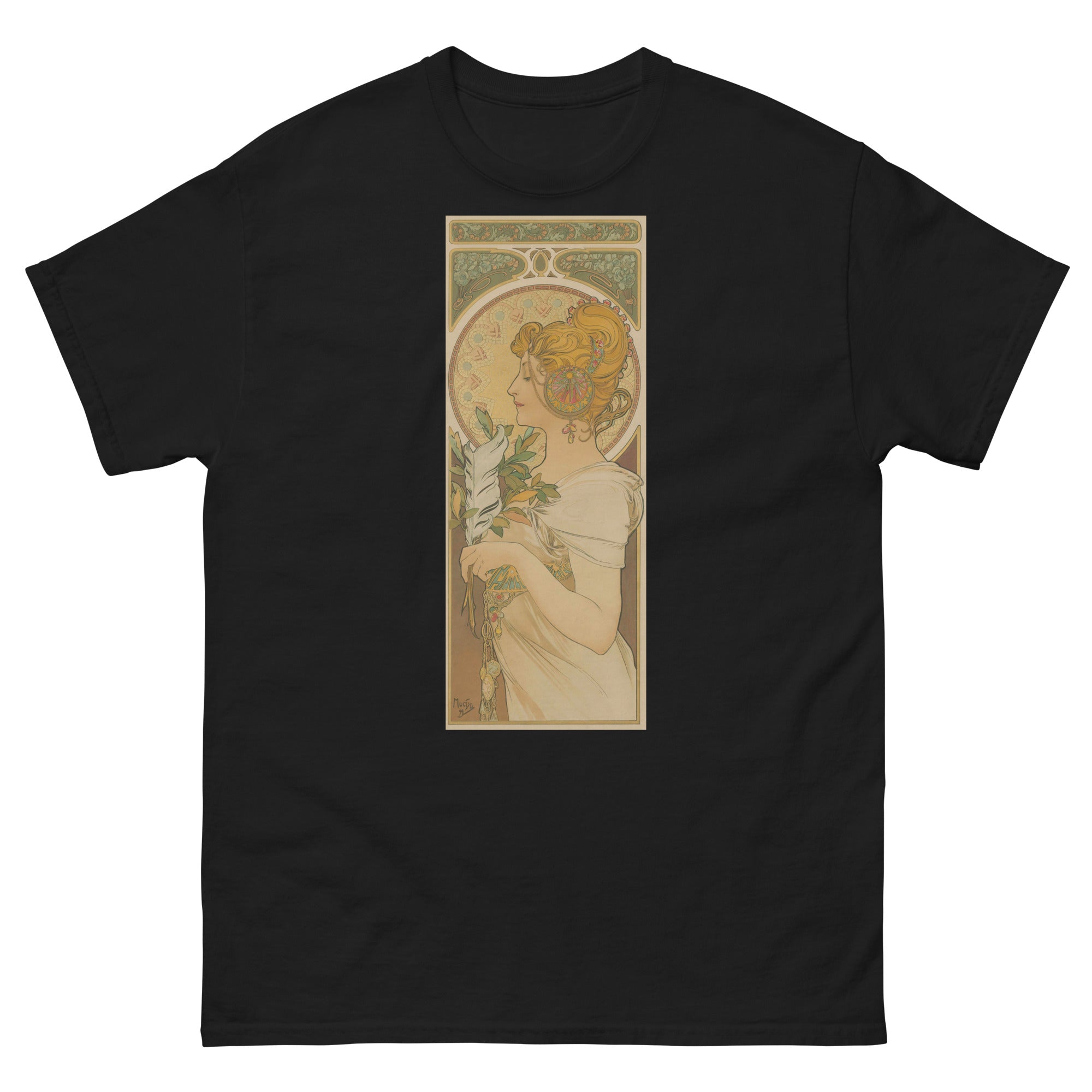 Unisex classic tee featuring Mucha's Art Nouveau La Primavère decorative panel of a woman in flowers