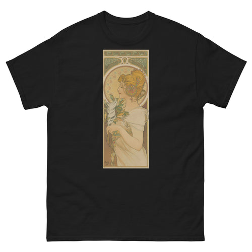 Unisex classic tee featuring Mucha's Art Nouveau La Primavère decorative panel of a woman in flowers