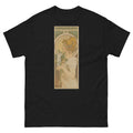 Unisex classic tee featuring Mucha's Art Nouveau La Plume magazine cover with a feathered woman