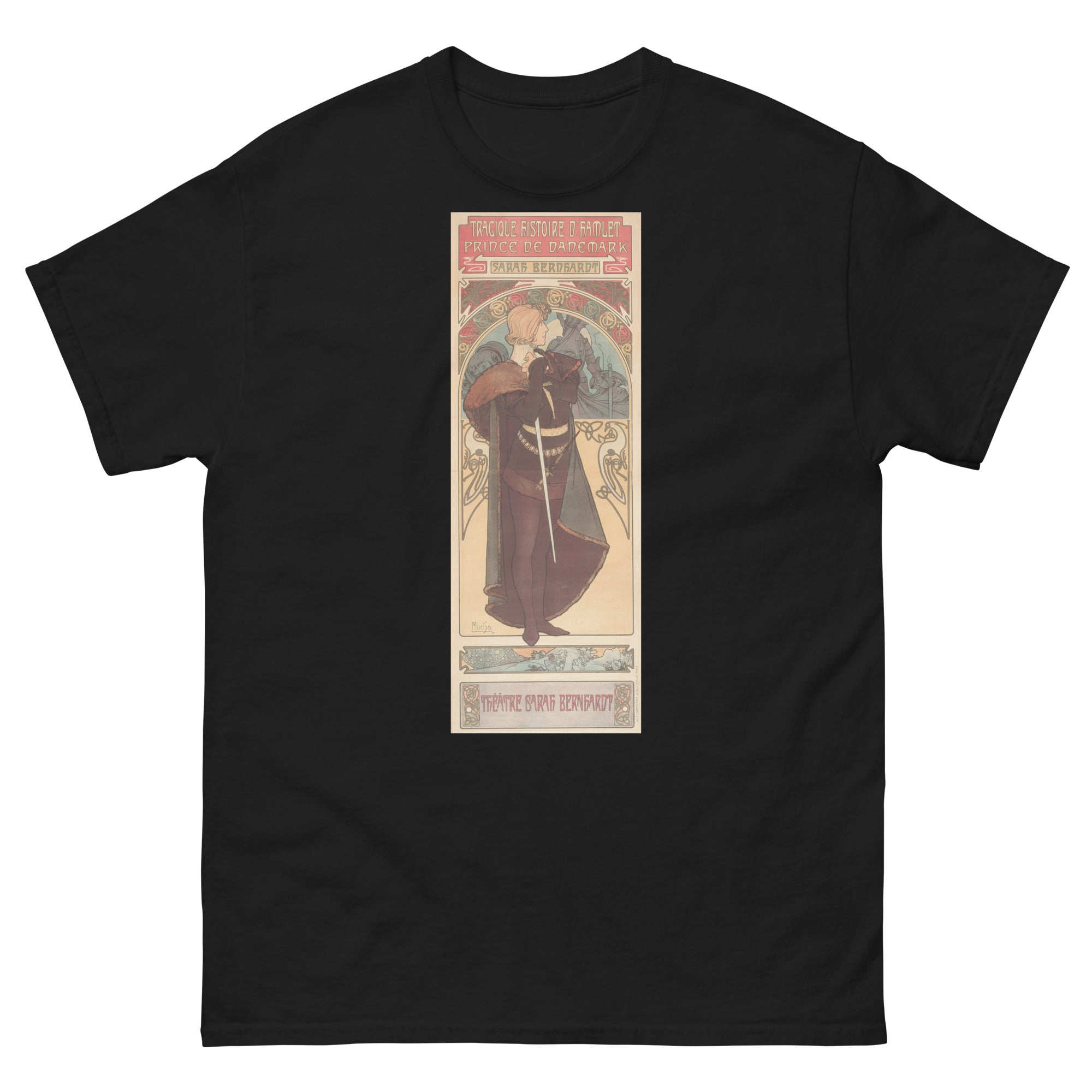 Unisex classic tee featuring Mucha's Art Nouveau theatre poster for Shakespeare's Hamlet