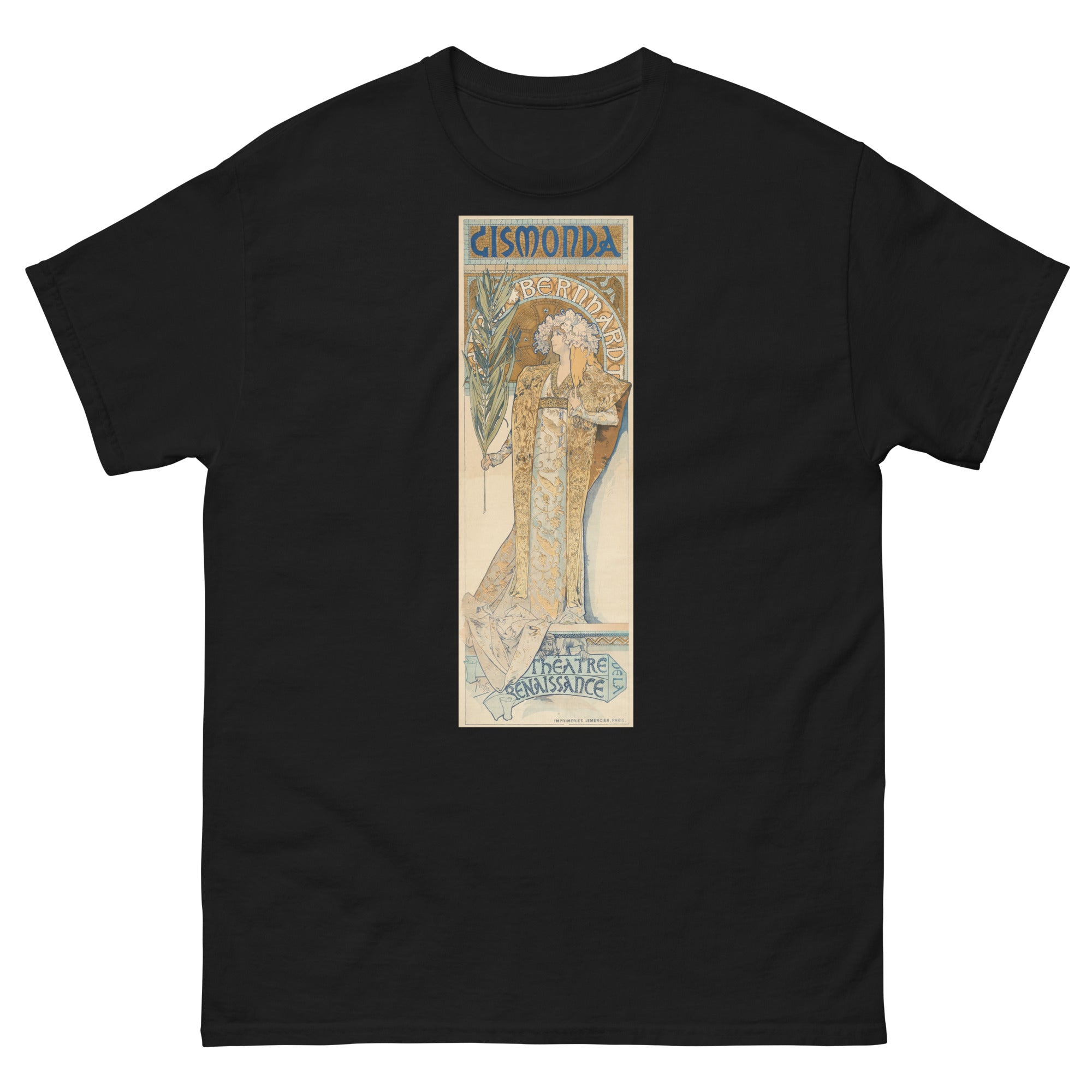 Unisex classic tee featuring Mucha's Art Nouveau theatre poster Gismonda with Sarah Bernhardt