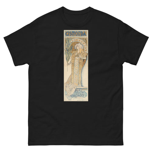 Unisex classic tee featuring Mucha's Art Nouveau theatre poster Gismonda with Sarah Bernhardt