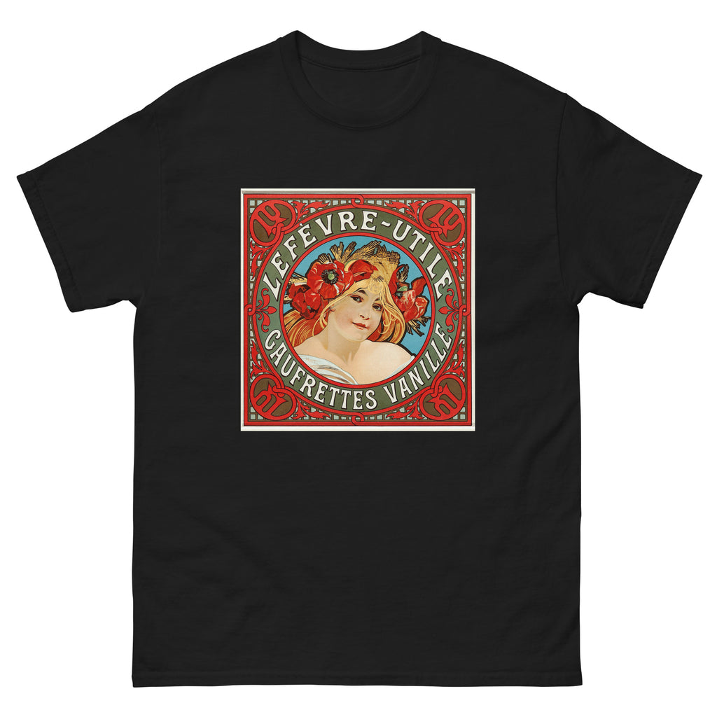 Unisex classic tee featuring Mucha's Art Nouveau Lefèvre-Utile vanilla wafer biscuit poster