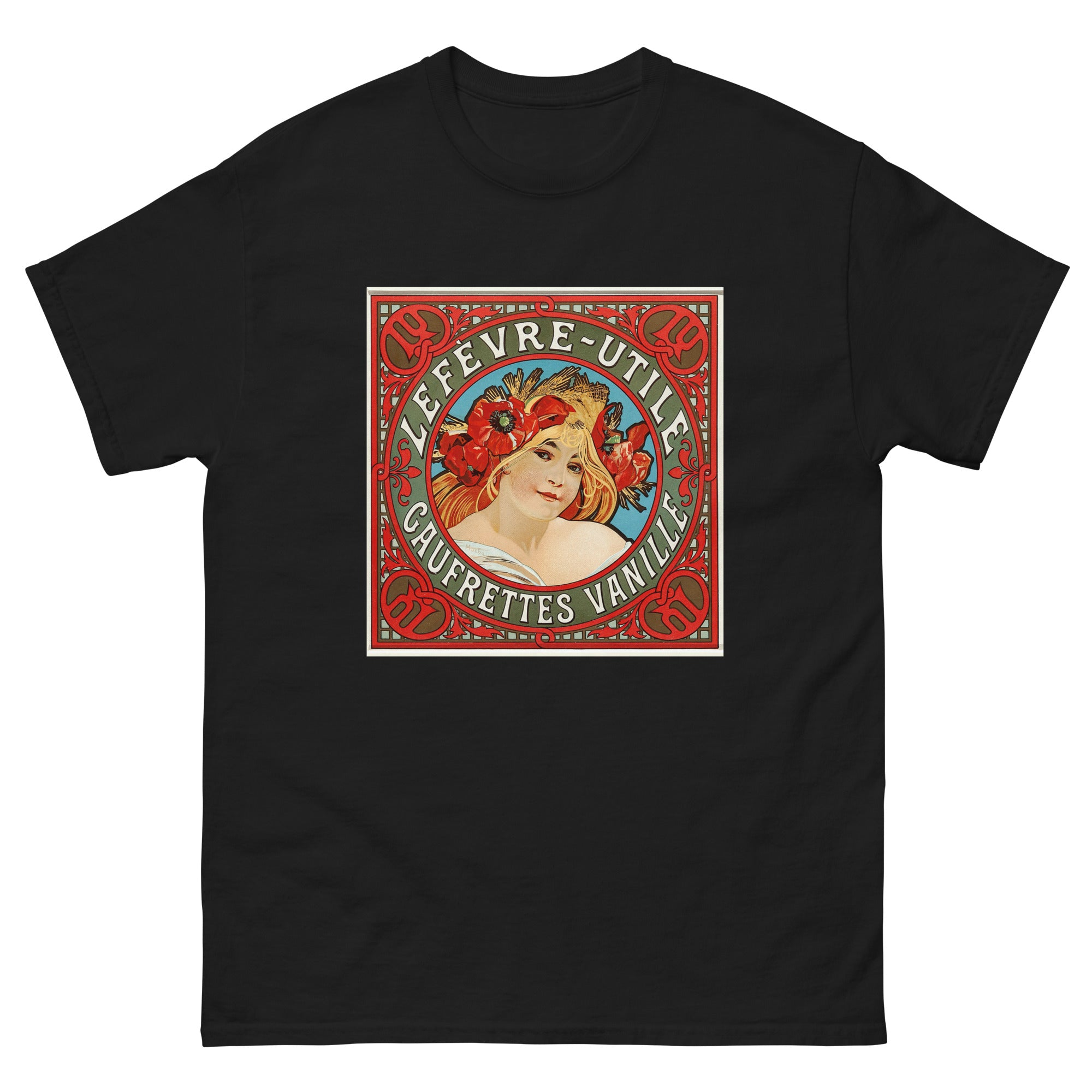 Unisex classic tee featuring Mucha's Art Nouveau Lefèvre-Utile vanilla wafer biscuit poster