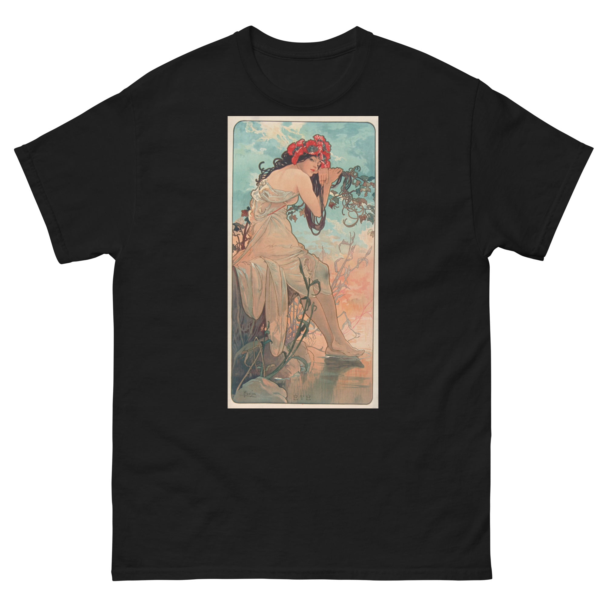 Unisex classic tee featuring Mucha's Art Nouveau Été Summer decorative panel with female figure