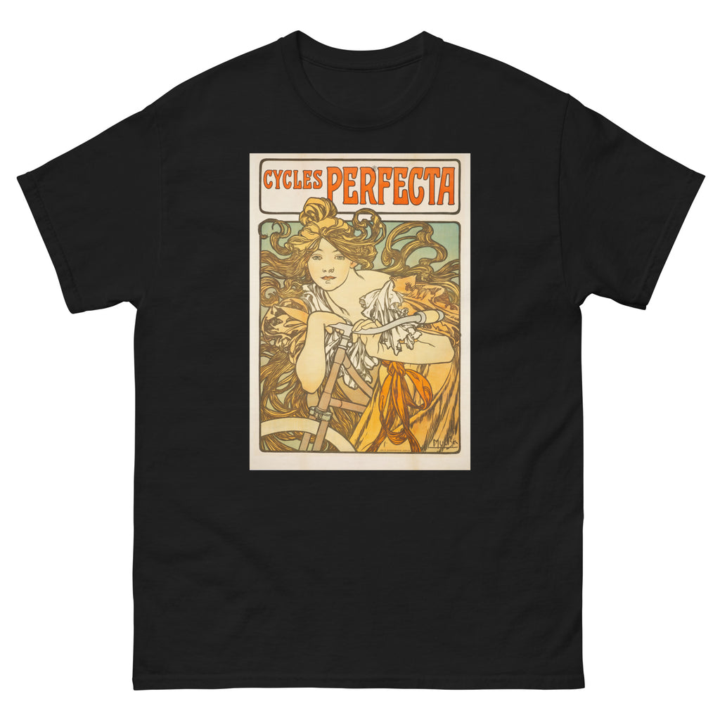 Unisex classic tee featuring Mucha's Art Nouveau Cycles Perfecta bicycle advertising poster