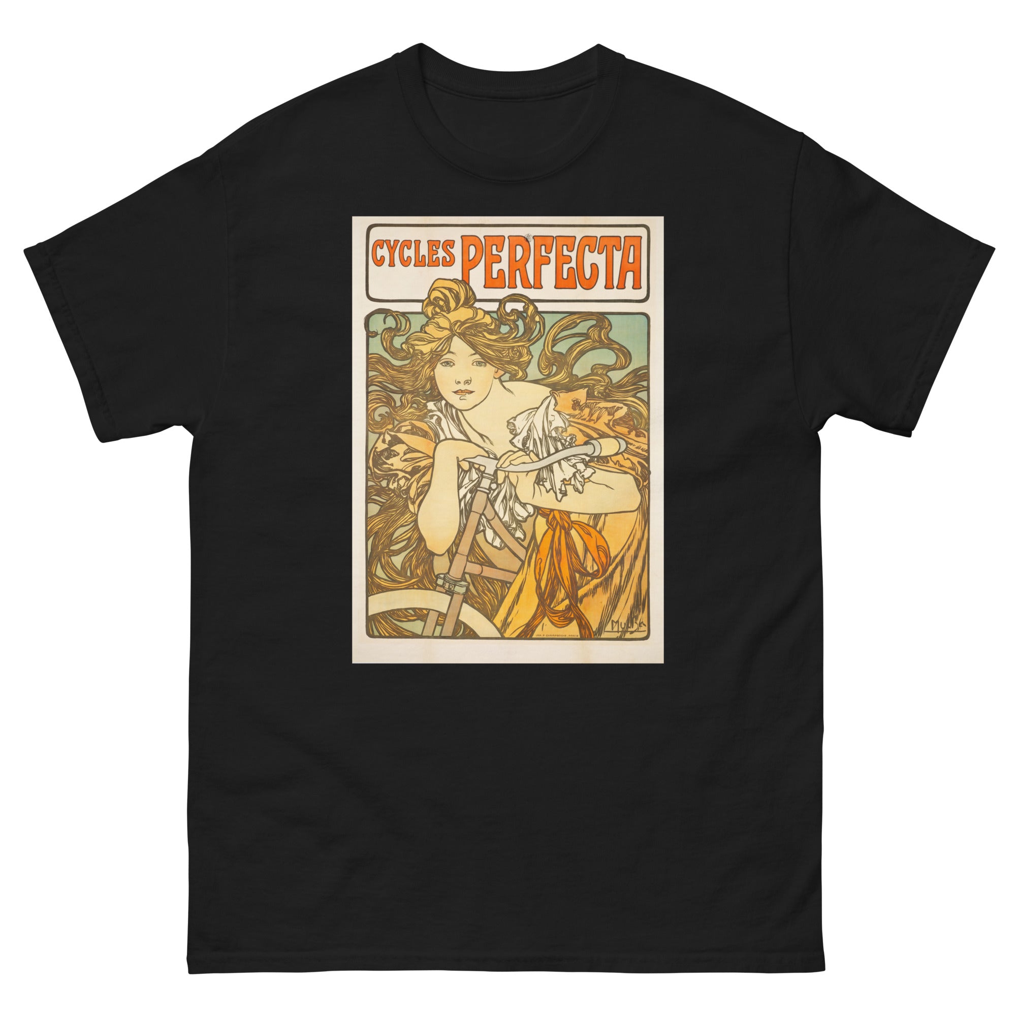 Unisex classic tee featuring Mucha's Art Nouveau Cycles Perfecta bicycle advertising poster