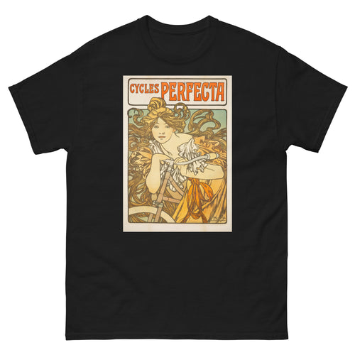 Unisex classic tee featuring Mucha's Art Nouveau Cycles Perfecta bicycle advertising poster