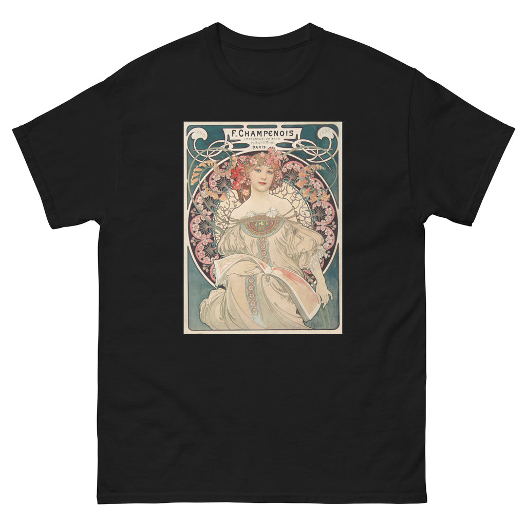 Unisex classic tee featuring Mucha's Art Nouveau Champenois decorative poster with female figure
