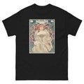 Unisex classic tee featuring Mucha's Art Nouveau Champenois decorative poster with female figure