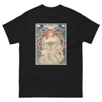 Unisex classic tee featuring Mucha's Art Nouveau Champenois decorative poster with female figure