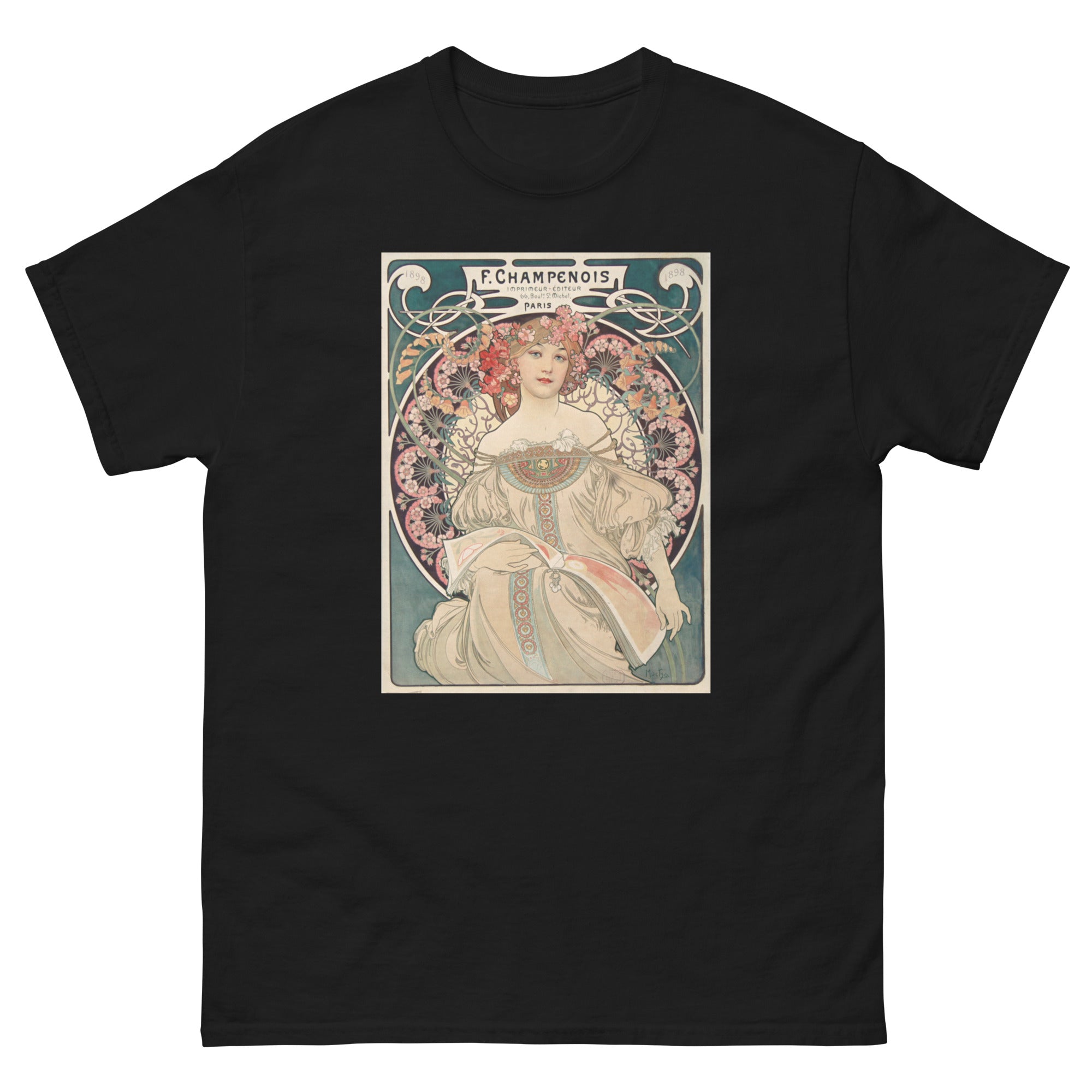 Unisex classic tee featuring Mucha's Art Nouveau Champenois decorative poster with female figure