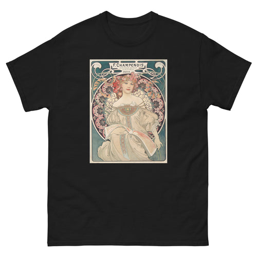 Unisex classic tee featuring Mucha's Art Nouveau Champenois decorative poster with female figure