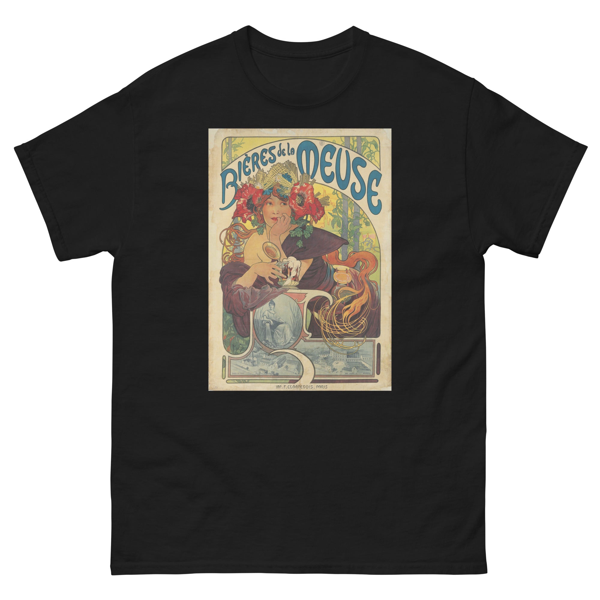 Unisex classic tee featuring Mucha's Art Nouveau Bières de la Meuse beer advertising poster