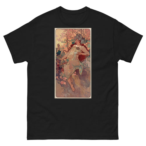 Unisex classic tee featuring Mucha's Art Nouveau Autumn decorative panel with female figure