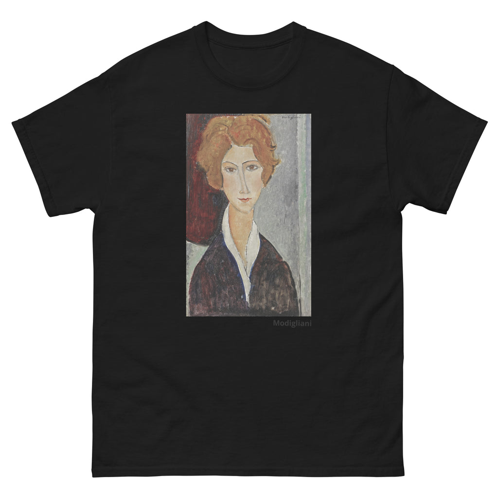 Unisex classic tee featuring Modigliani's elongated expressionist portrait of a woman