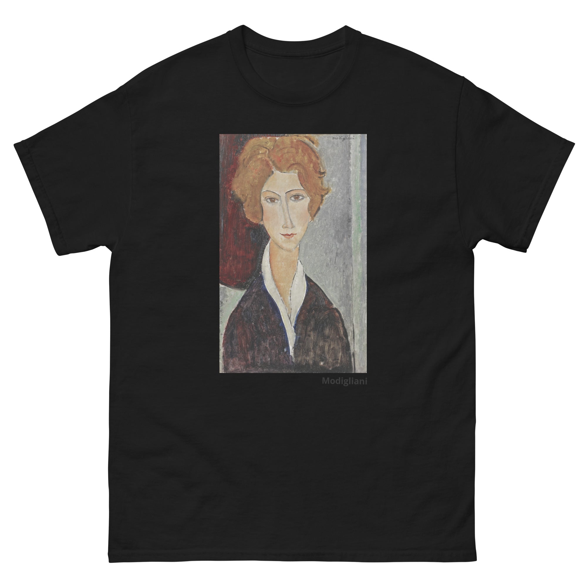 Unisex classic tee featuring Modigliani's elongated expressionist portrait of a woman
