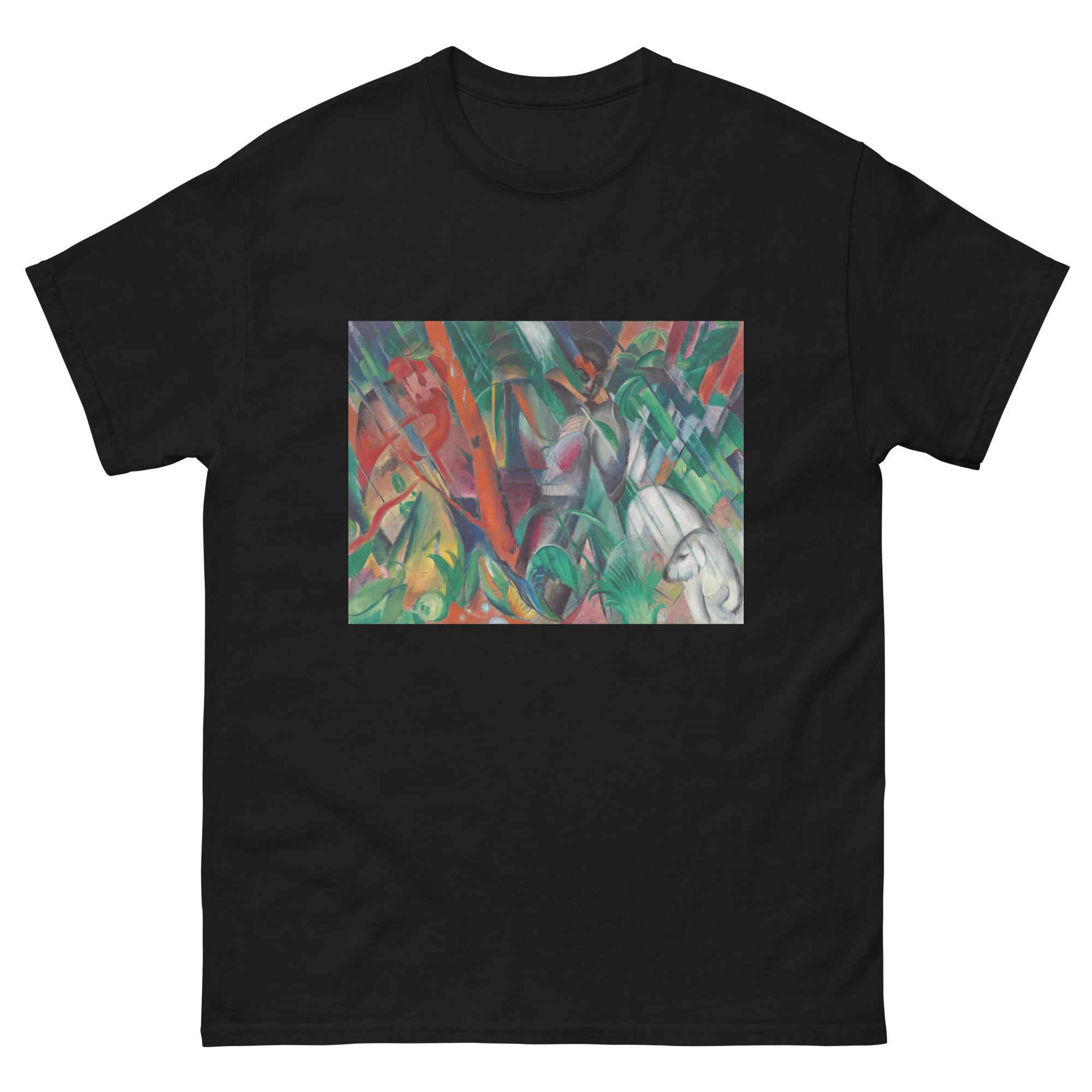 Unisex classic tee featuring Franz Marc's expressionist painting of animals sheltering in the rain