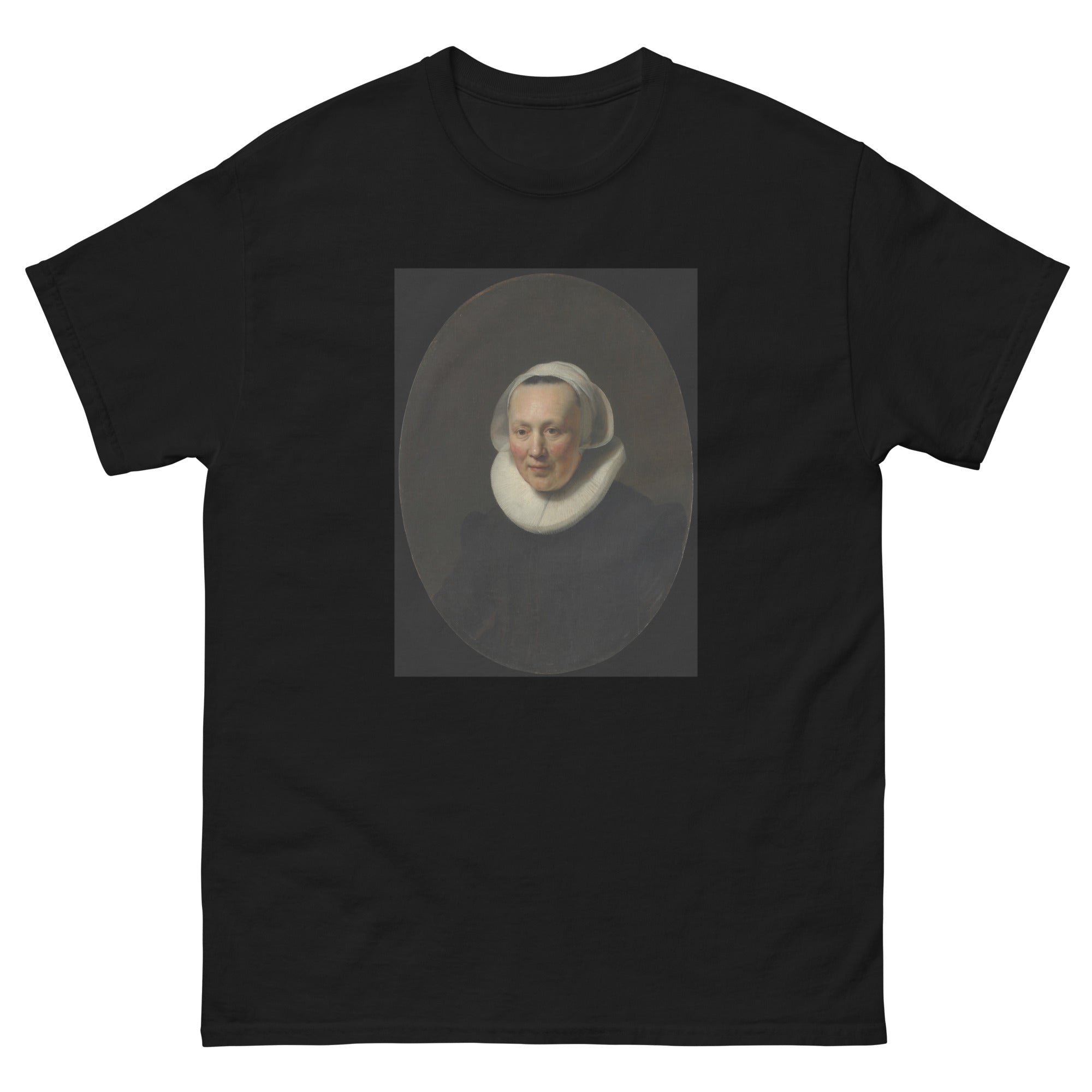 Unisex classic tee featuring Rembrandt's dramatic baroque portrait of an elegantly dressed woman
