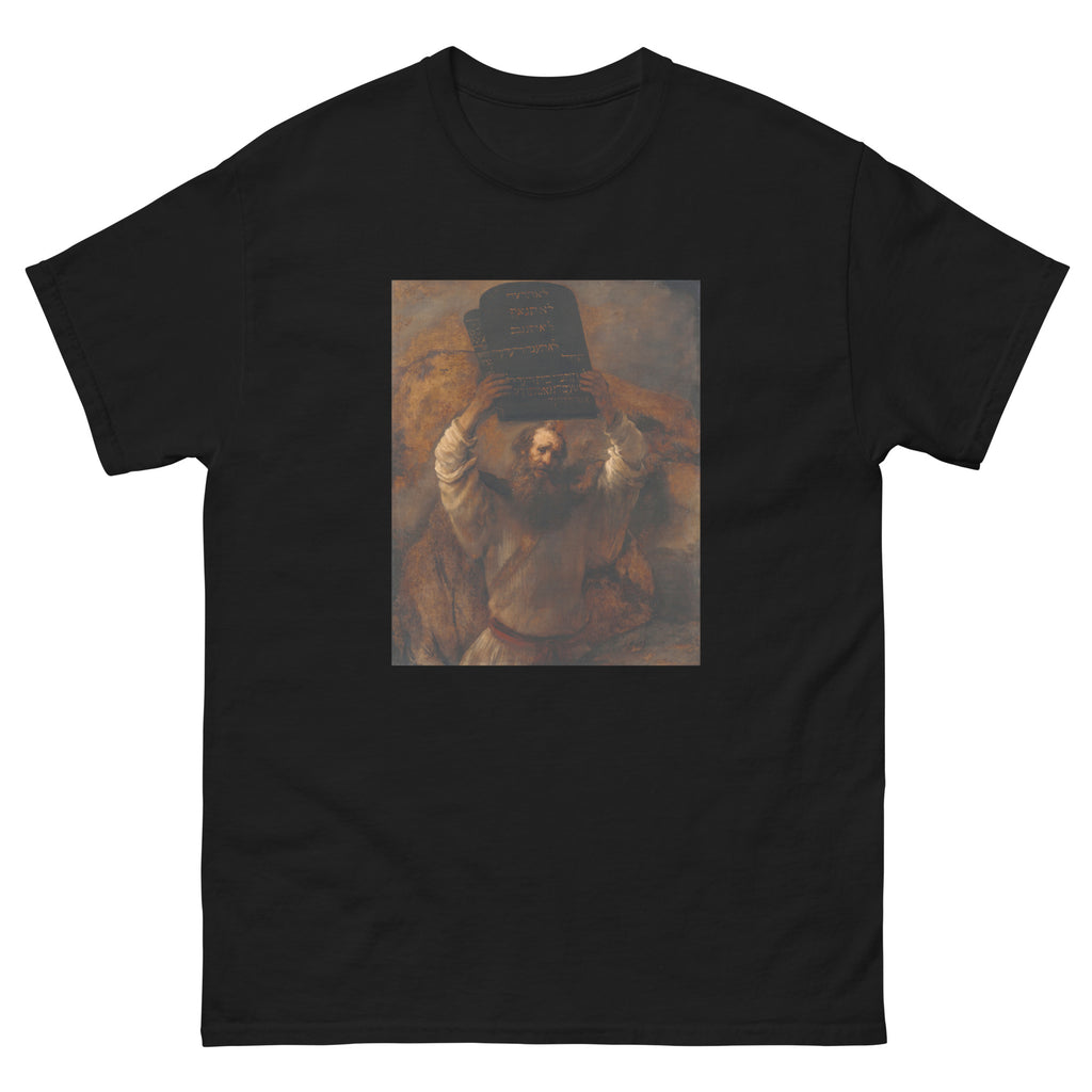 Unisex classic tee featuring Rembrandt's dramatic painting of Moses smashing the stone tablets