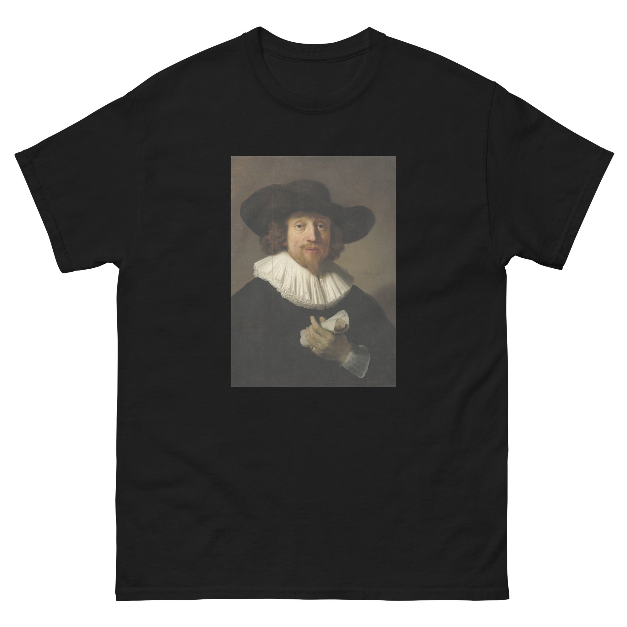 Unisex classic tee featuring Rembrandt's portrait of a man holding a sheet of music