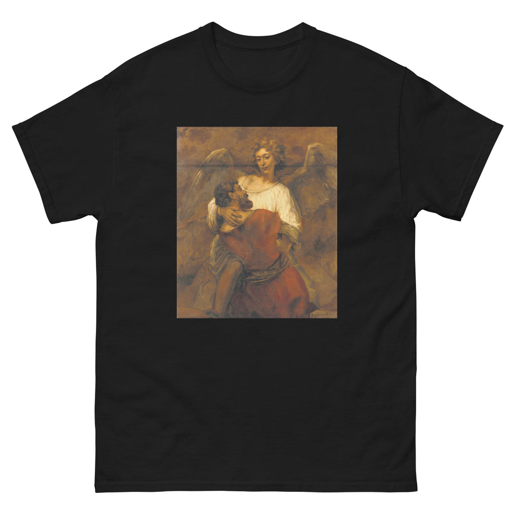 Unisex classic tee featuring Rembrandt's dramatic painting of Jacob wrestling with an angel