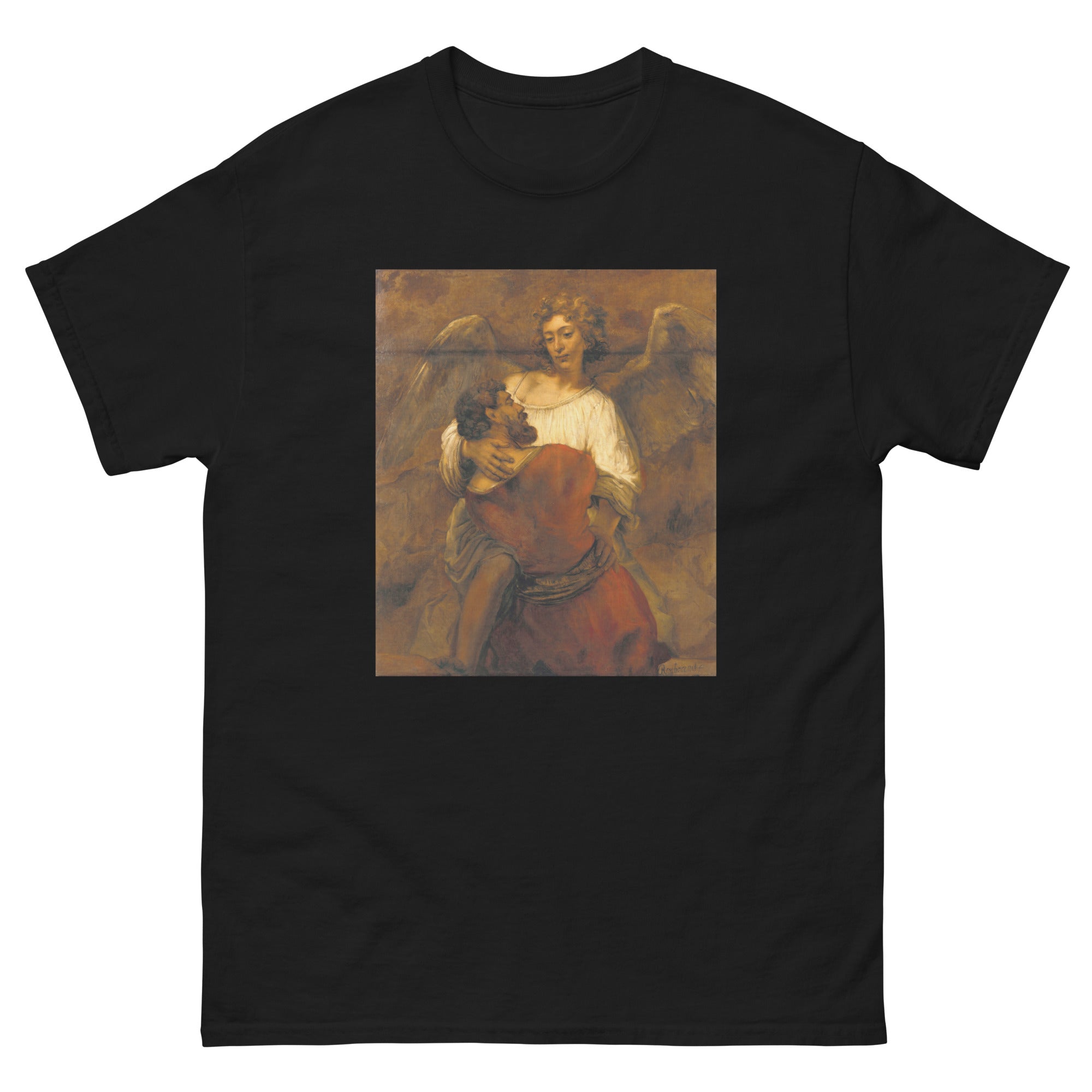 Unisex classic tee featuring Rembrandt's dramatic painting of Jacob wrestling with an angel