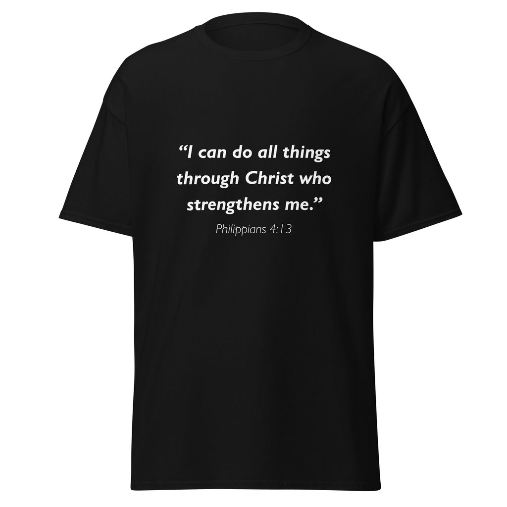 Unisex black t-shirt with Philippians 4:13 Bible verse printed in white text on front