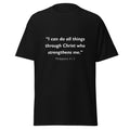 Unisex black t-shirt with Philippians 4:13 Bible verse printed in white text on front