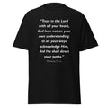Unisex black t-shirt with Proverbs 3:5-6 Bible verse printed in white text on front