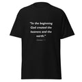 Unisex black t-shirt with Genesis 1:1 Bible verse printed in white text on front