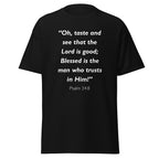 Unisex heather gray t-shirt with Psalm 34:8 Bible verse printed in white text on front