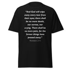 Unisex heather gray t-shirt with Revelation 21:4 Bible verse printed in white text on front