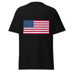 Unisex heather gray t-shirt featuring American flag design printed across the front chest