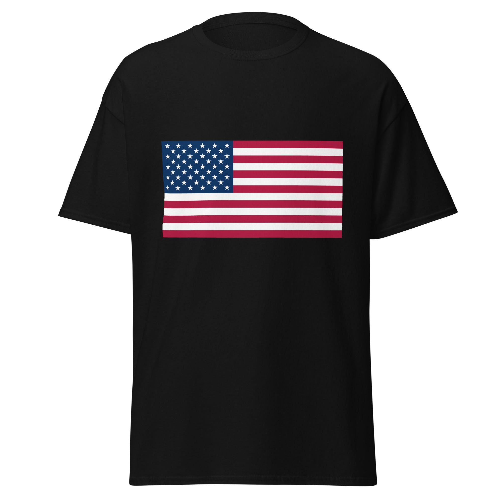 Unisex heather gray t-shirt featuring American flag design printed across the front chest