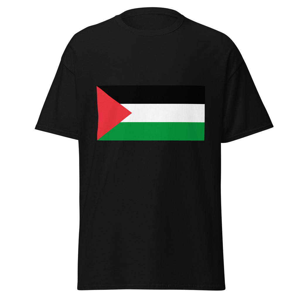 Unisex heather gray t-shirt featuring Palestinian flag design printed across the front chest