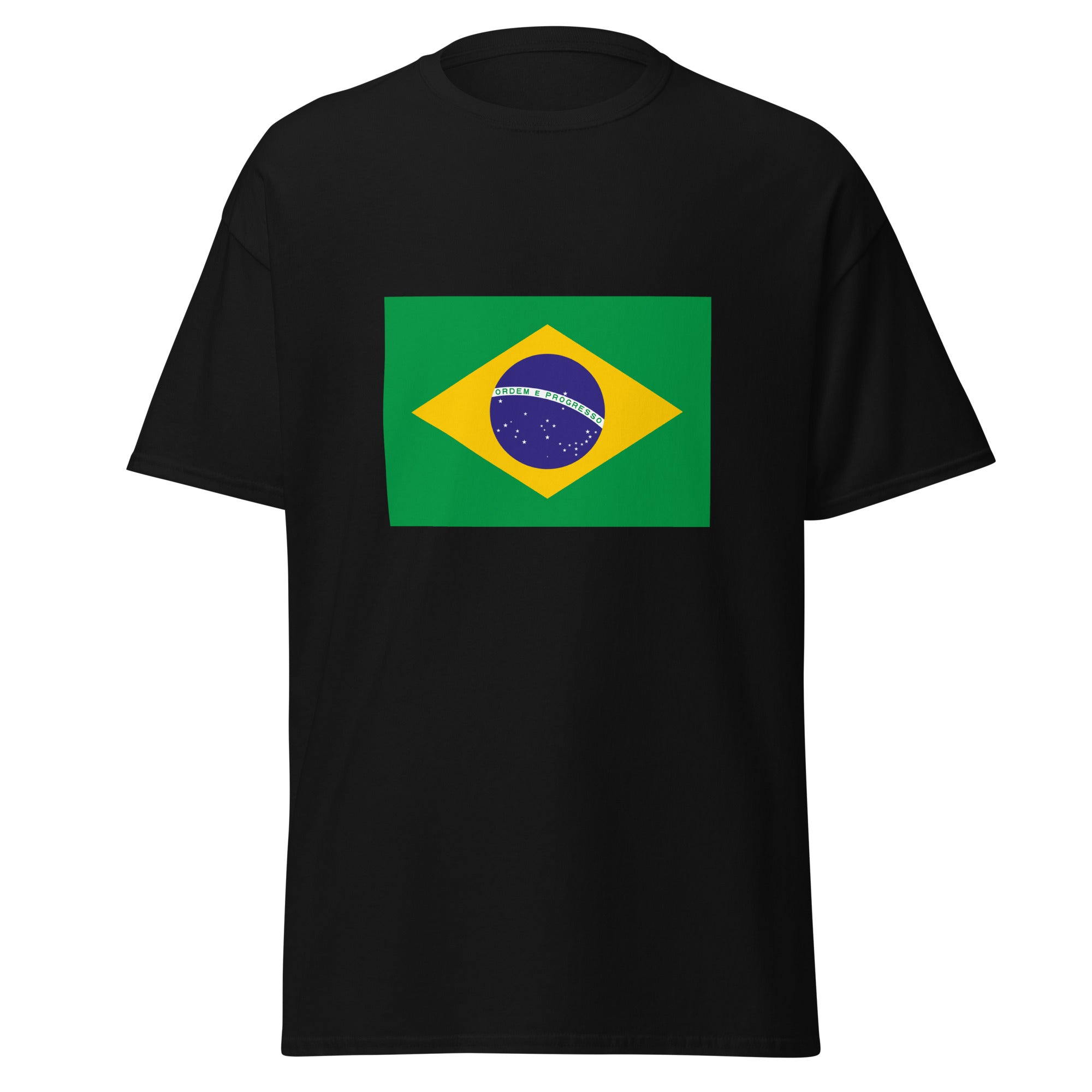 Unisex heather gray t-shirt featuring Brazilian flag design printed across the front chest
