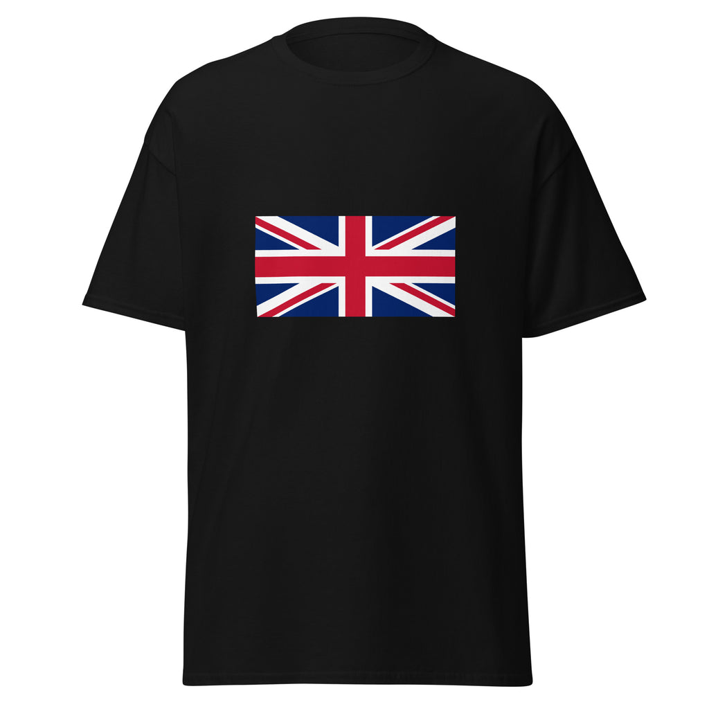 Unisex heather gray t-shirt featuring British flag design printed across the front chest