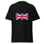 Unisex heather gray t-shirt featuring British flag design printed across the front chest