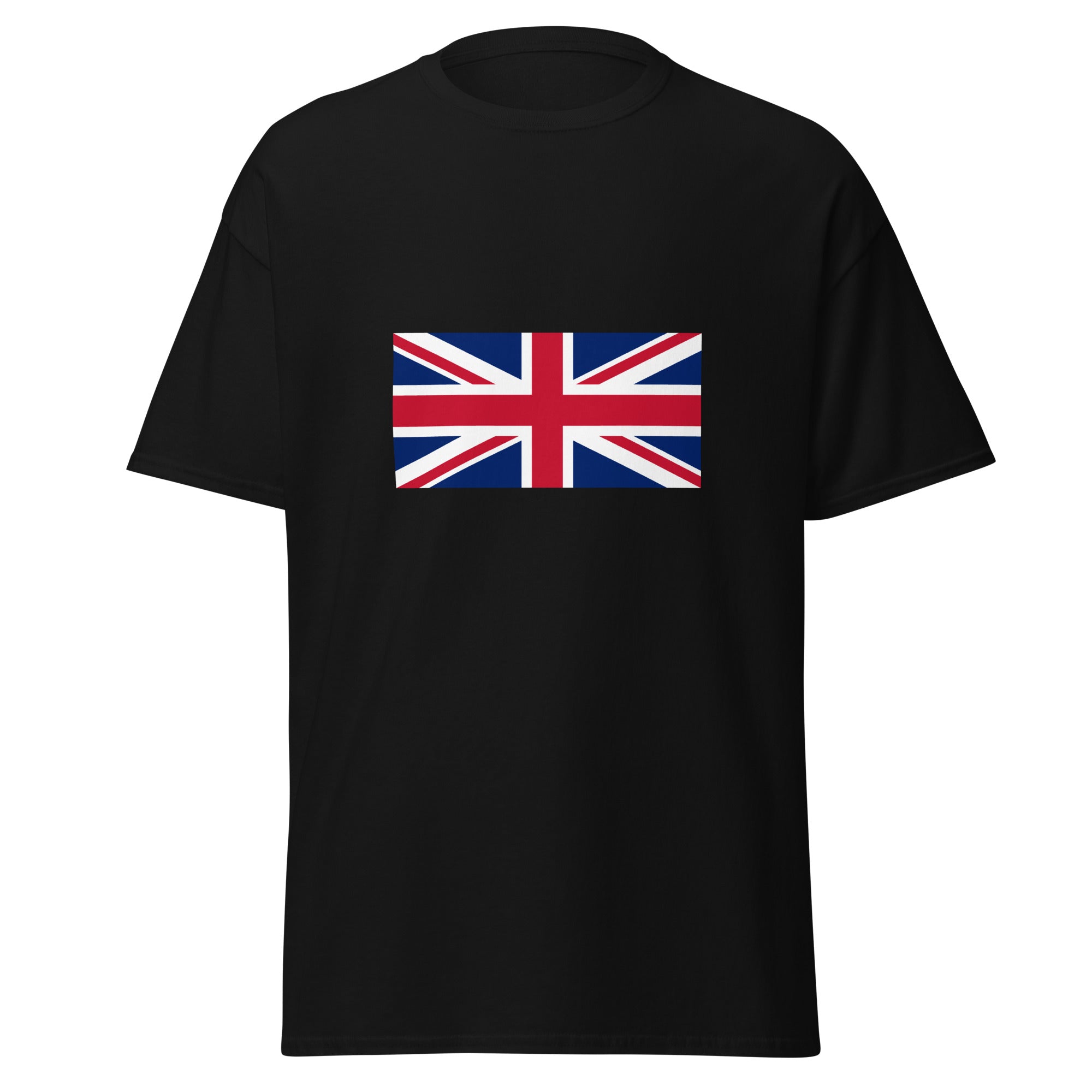 Unisex heather gray t-shirt featuring British flag design printed across the front chest