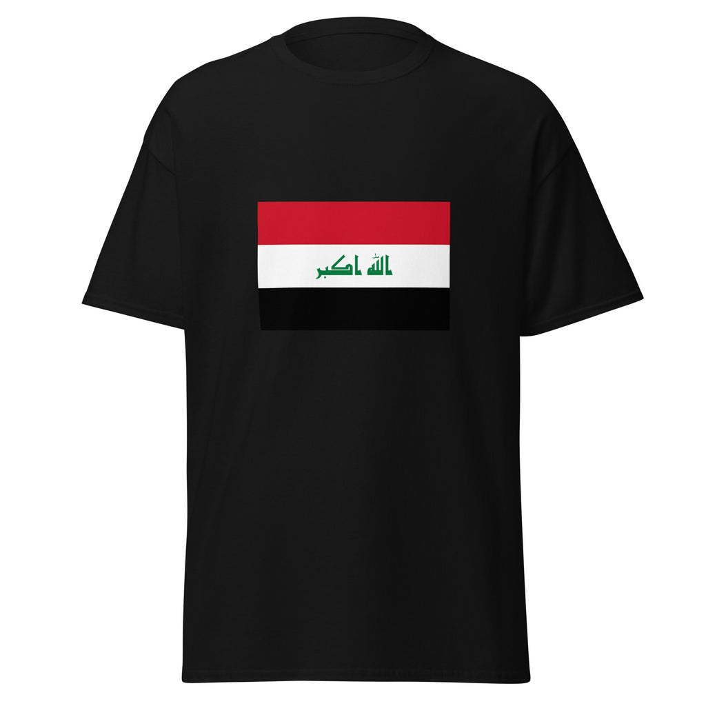 Unisex navy blue t-shirt featuring Iraqi flag design printed across the front chest