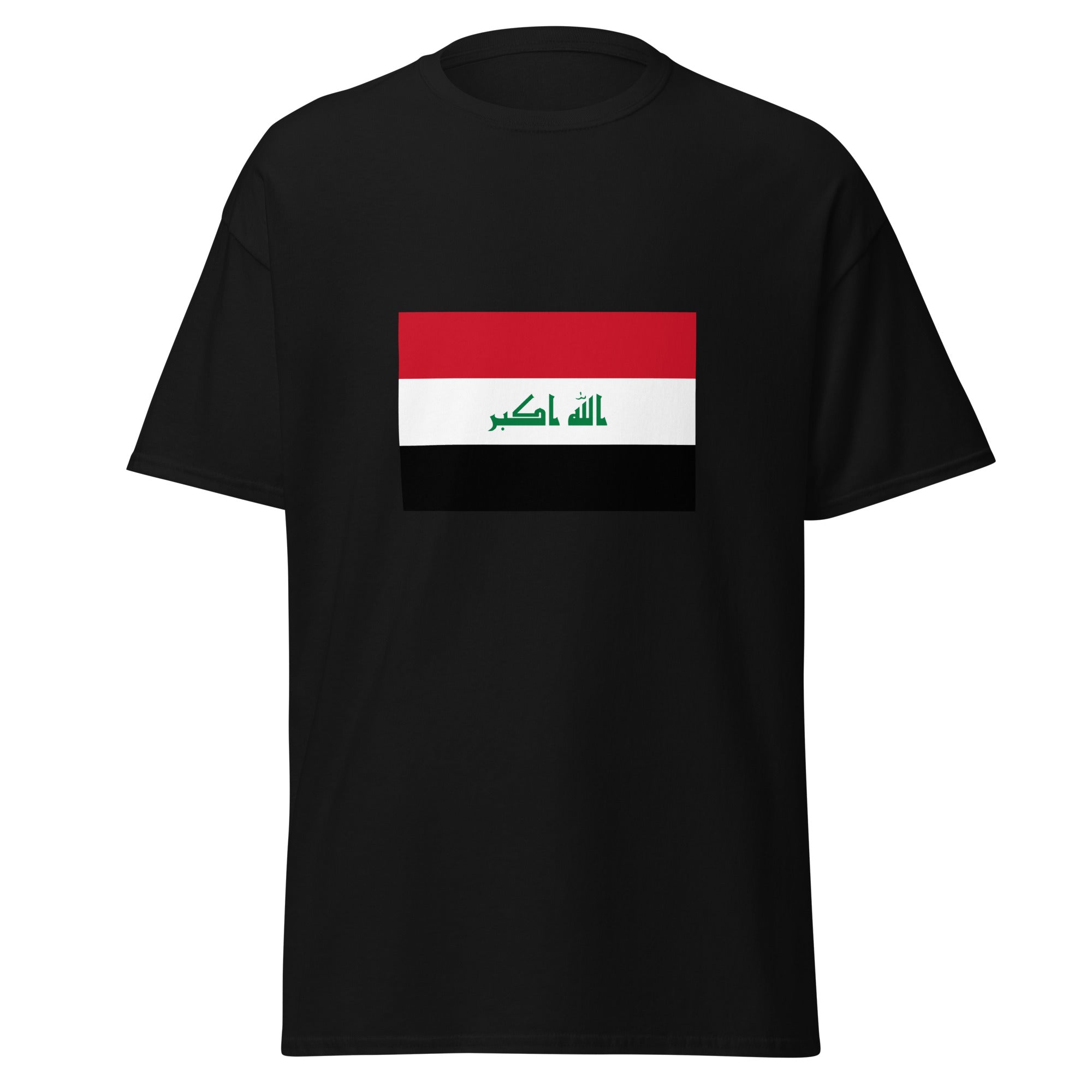 Unisex navy blue t-shirt featuring Iraqi flag design printed across the front chest