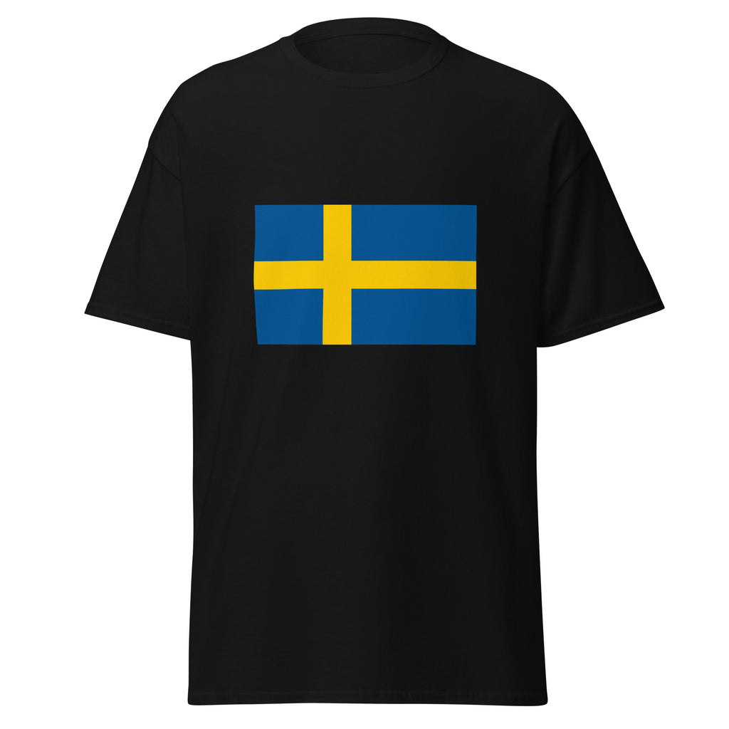 Unisex heather gray t-shirt featuring Swedish flag design printed across the front chest