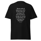 Unisex heather gray t-shirt with Titus 3:5 Bible verse printed in white text on front