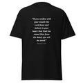 Unisex black t-shirt with Romans 10:9 Bible verse printed in white text on front