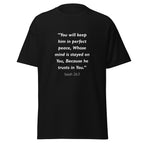 Unisex heather gray t-shirt with Isaiah 26:3 Bible verse printed in white text on front