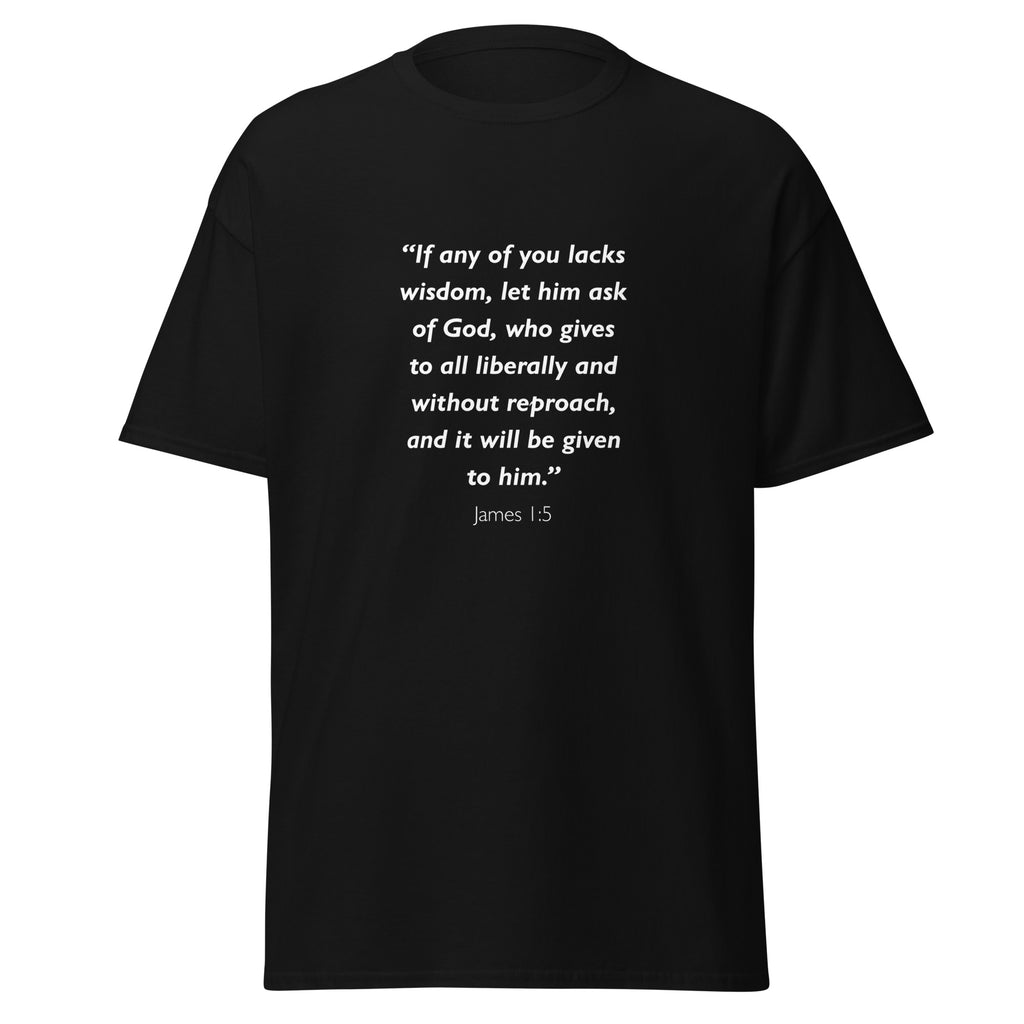 Unisex heather gray t-shirt with James 1:5 Bible verse printed in white text on front